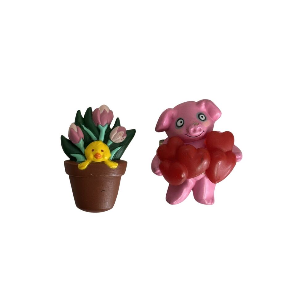 Vintage 80s Enamel Pin Set of 2 Chick Flowers Pig Hearts Easter Valentine's 2"